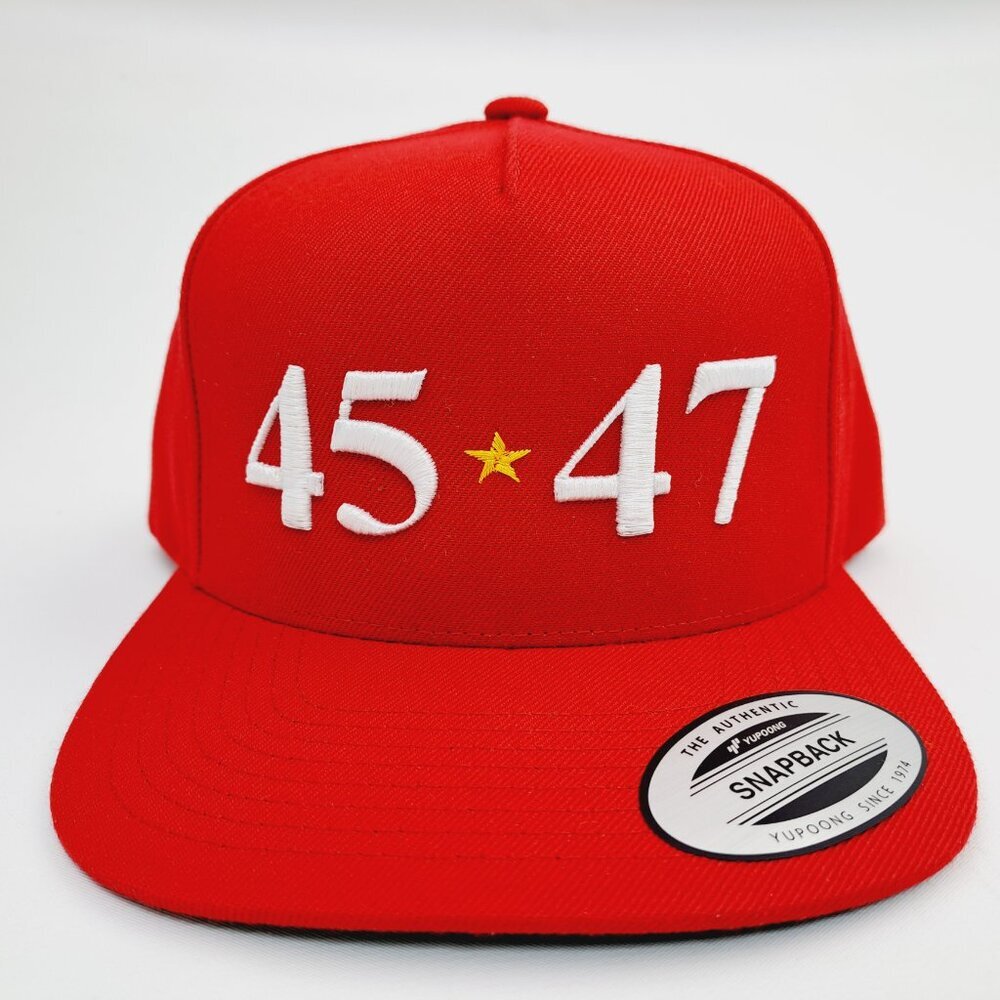 MAGA Trump 45 47 President Red Flat Bill Snap Back Cap Hat Puff Embroidered